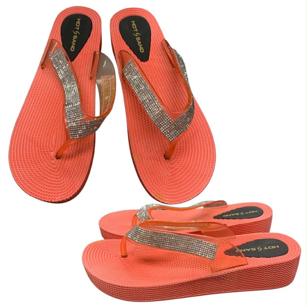 Hot Sand Coral Flip Flops with Rhinestone Straps S8.5